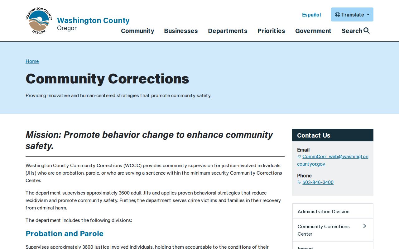 Washington County Community Corrections Center release and supervision overview
