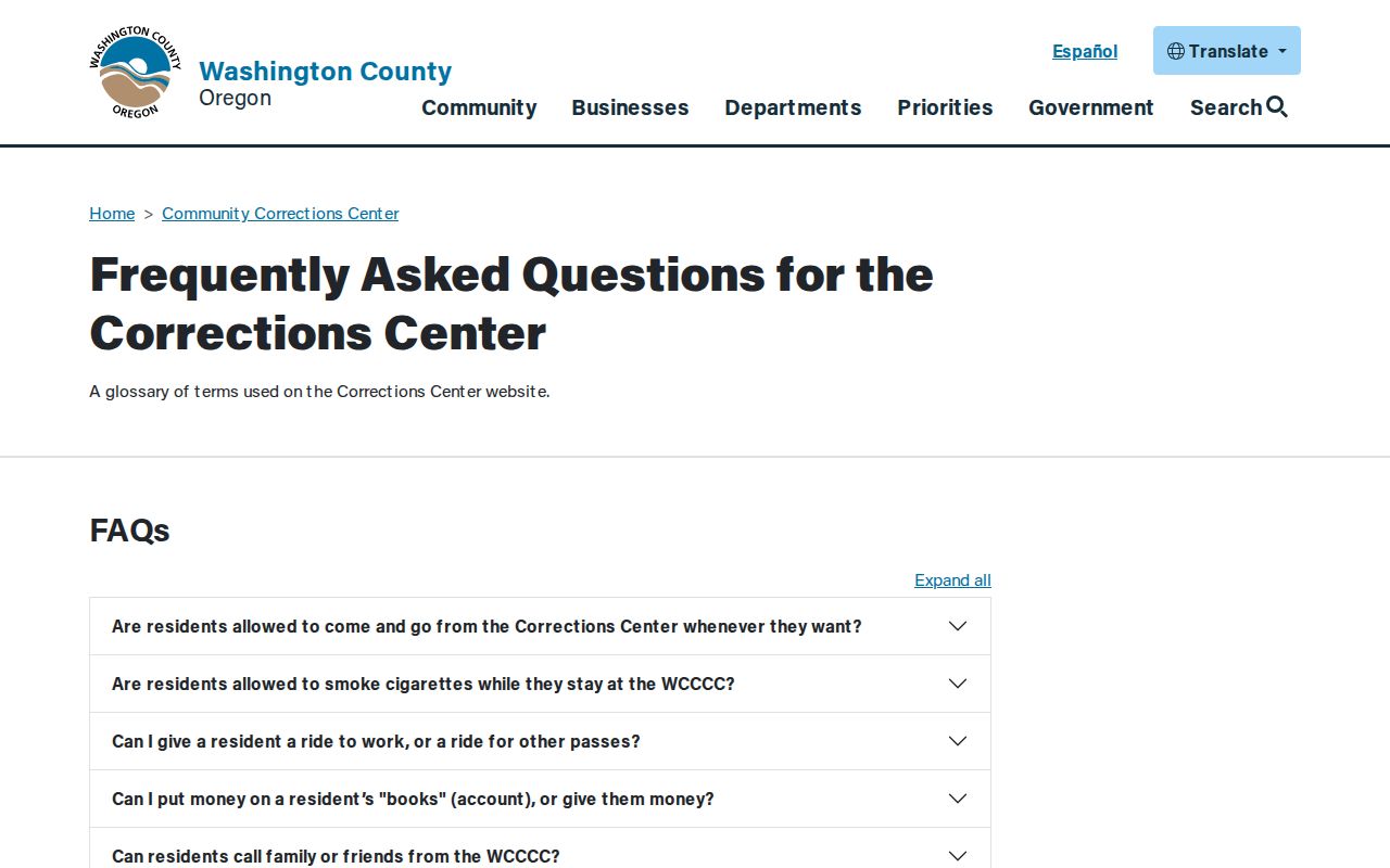 Washington County Community Corrections Center departure and property FAQ
