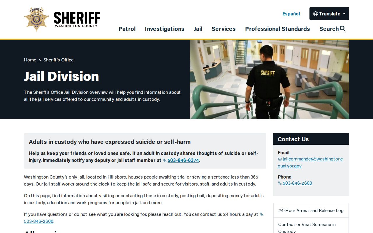 Washington County Jail release and contact information